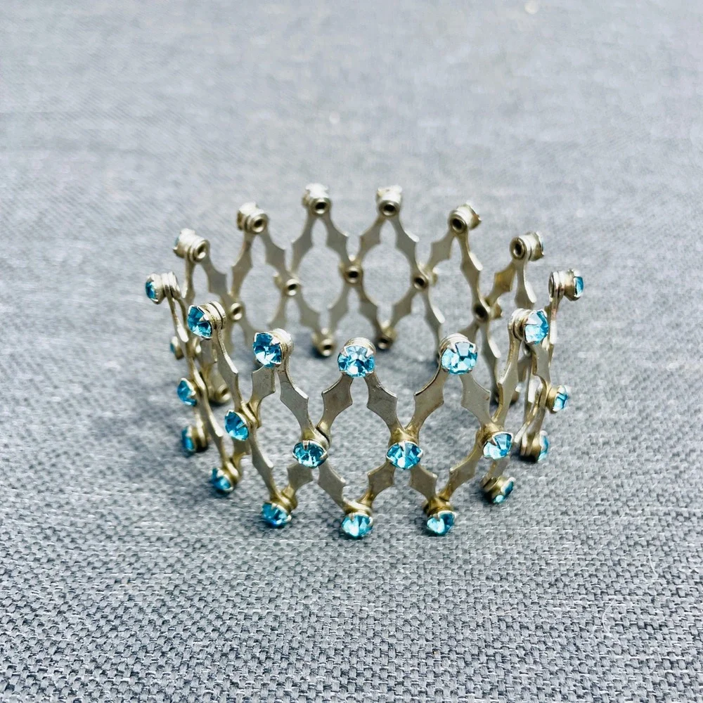 Vintage 1950s Expandable Chignon Hair Bun Cage‎ Silver Tone Blue Rhinestones